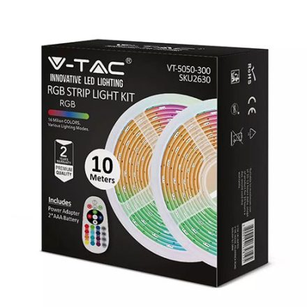 V-TAC LED szalag szett, beltéri, 10 méter RGB+vezérlő+tápegység